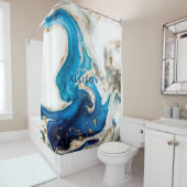 Abstract blauw wit marmer monogram douchegordijn (In situ)
