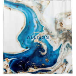 Abstract blauw wit marmer monogram douchegordijn