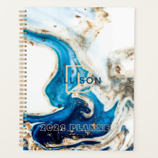 Abstract blauw wit marmer monogram planner