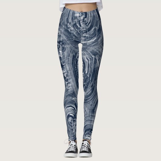 Abstract blauw-wit wervelpatroon leggings (Voorkant)