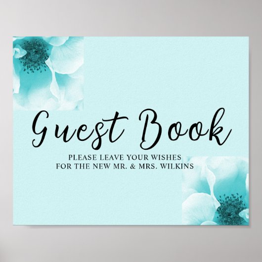Abstract Blauw & Witte Bloemen Guestbook Bord Poster (Voorkant)