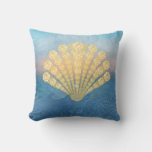 Abstract blauw Zee Gold Diamond Seashell Kussen