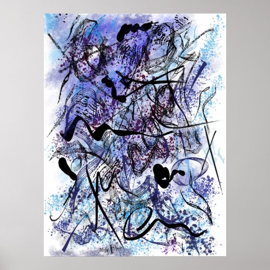Abstract Blauw Zwart Kwasten Spetters Muurkunst Poster (Voorkant)
