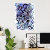 Abstract Blauw Zwart Kwasten Spetters Muurkunst Poster (Thuiskantoor)