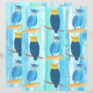 Abstract Blauwe Uilen Turquoise Bomen Scrapbook Pa