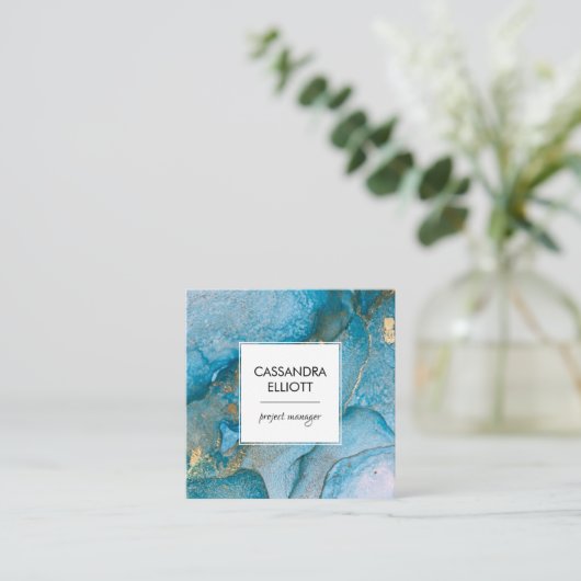 Abstract Blauwgroen blauw en goudalcohol Vloeibare Vierkante Visitekaartje (Staand voorkant)