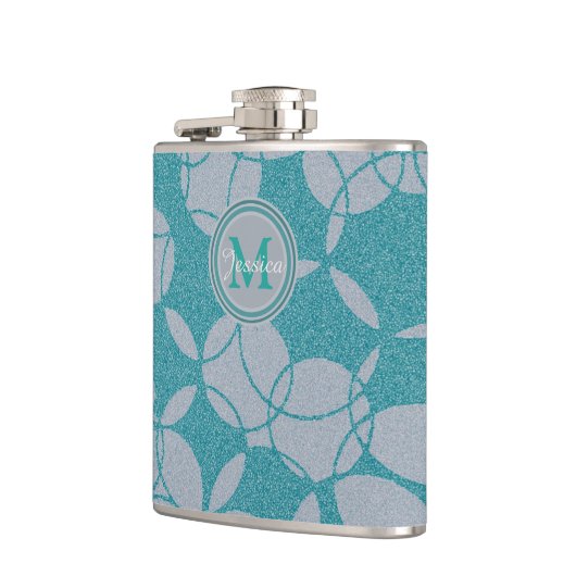 Abstract Blauwgroen cirkelpatroon Gepersonaliseerd Heupfles (Links)