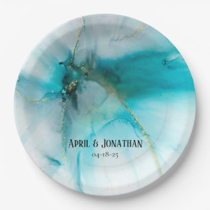 Abstract Blauwgroen en Faux Gold Wedding Bord