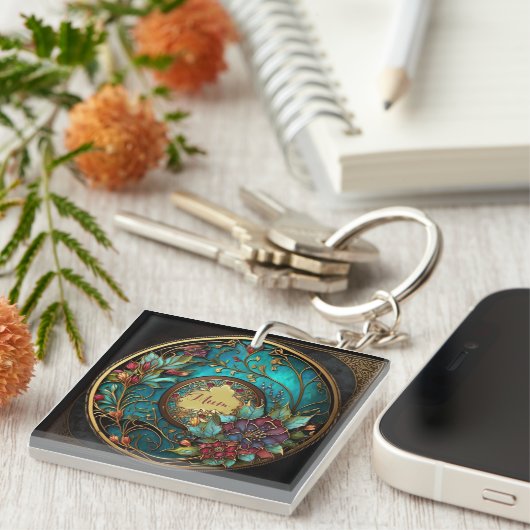 Abstract Blauwgroen en roze Moederdag Sleutelhanger (Voorkant Rechts)