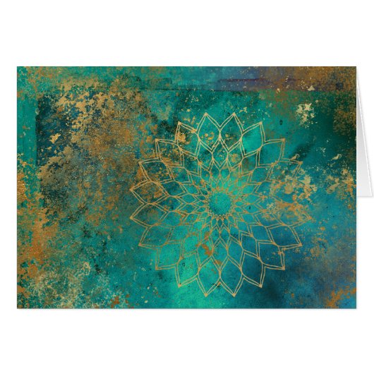 Abstract Blauwgroen Gold Grunge Mandala Wenskaart (Voorkant Horizontaal)