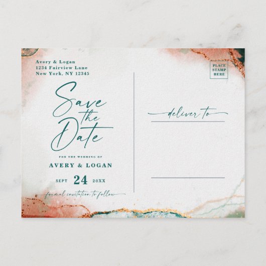 Abstract Blauwgroen & Koperherfsthuwelijk Sla de d Aankondigingskaart (Achterkant)