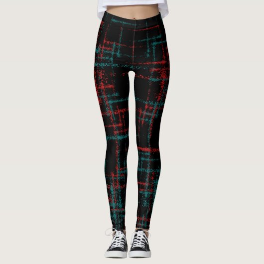 abstract blauwgroen rood kruispatroon leggings (Voorkant)