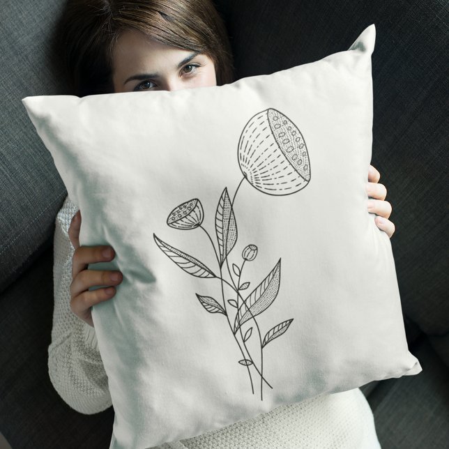 Abstract Bloemen Doodle Zwart Wit Stijlvol Kussen (Creator heeft geüpload)