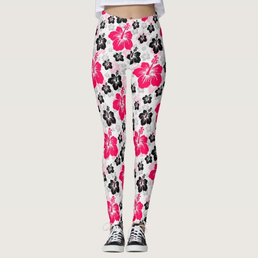 Abstract Bloemen Rood Zwart Wit Leggings (Voorkant)