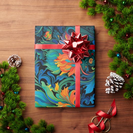 Abstract Bloemen Swirl Tapestry Bold Levendig Kleu Cadeaupapier (Feestdagen Geschenken)