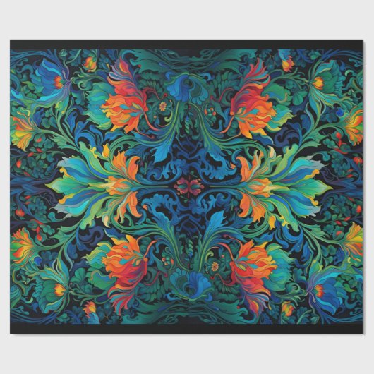 Abstract Bloemen Swirl Tapestry Bold Levendig Kleu Cadeaupapier (Vlak)
