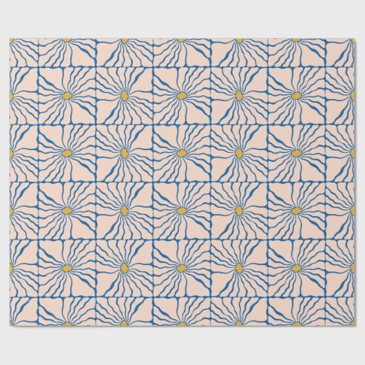 Abstract Bloemenblauw geel Retro Boho Floral Cadeaupapier (Vlak)