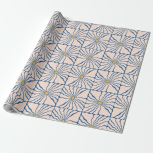 Abstract Bloemenblauw geel Retro Boho Floral Cadeaupapier