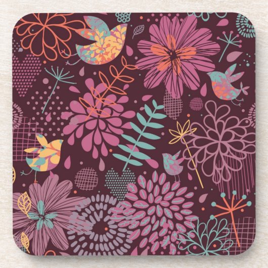 Abstract bloemenpatroon met vogels bier onderzetter (Voorkant)