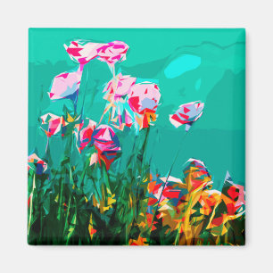 Abstract Bloemmagneet roze blauwgroen sinaasappel Magneet