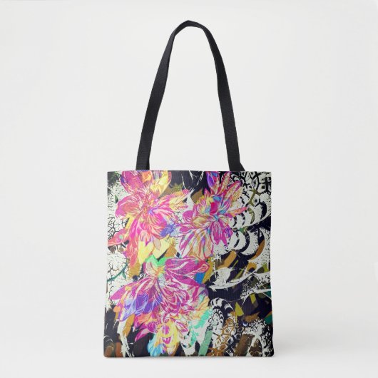 Abstract bloemmotief en diermotief zwart roze tote bag (Voorkant)