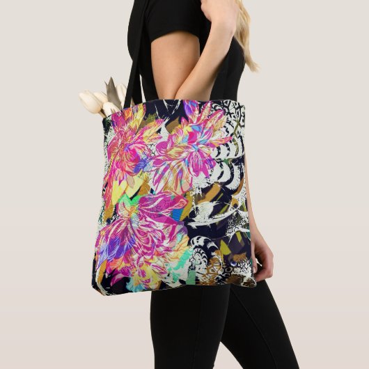 Abstract bloemmotief en diermotief zwart roze tote bag (Dichtbij)