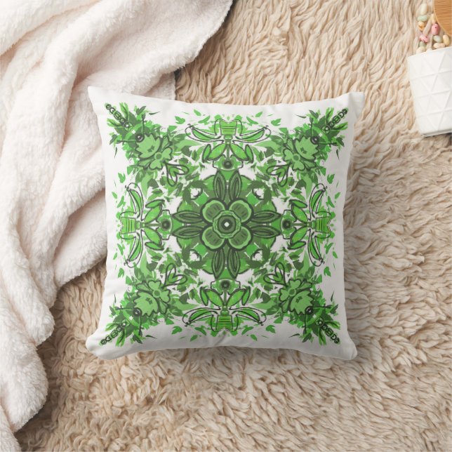 Abstract Bloemmotief in Zwart & Groen op Wit Kussen (Deken)