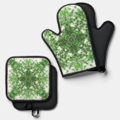 Abstract bloemmotief in zwart groen op wit ovenwant & pannenlap set (Voorkant / Achterkant)