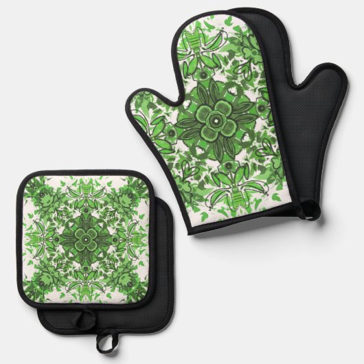 Abstract bloemmotief in zwart groen op wit ovenwant & pannenlap set (Voorkant / Achterkant)