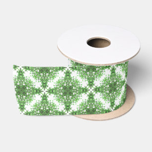 Abstract Bloemmotief in zwart groen op wit Satijnen Lint