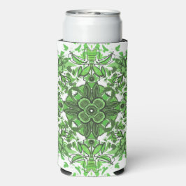 Abstract Bloemmotief in Zwart Groen op Wit Seltzer Blikjeskoeler