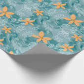 Abstract bloemmotief sinaasappel blauwgroen cadeaupapier (Hoek)