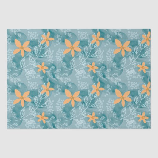 Abstract bloemmotief sinaasappel blauwgroen tissuepapier (Voorkant)