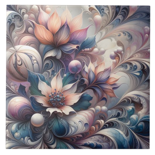 Abstract bloemontwerp met wervelingen en parels tegeltje (Voorkant)