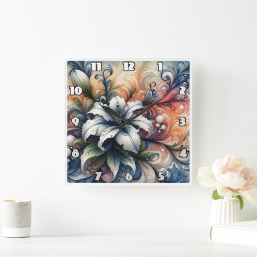 Abstract bloemontwerp met witte lelie vierkante klok (Huis)