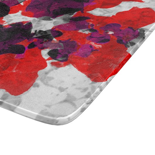 Abstract bloemontwerp - rood en paars boven wit snijplank (Hoek)