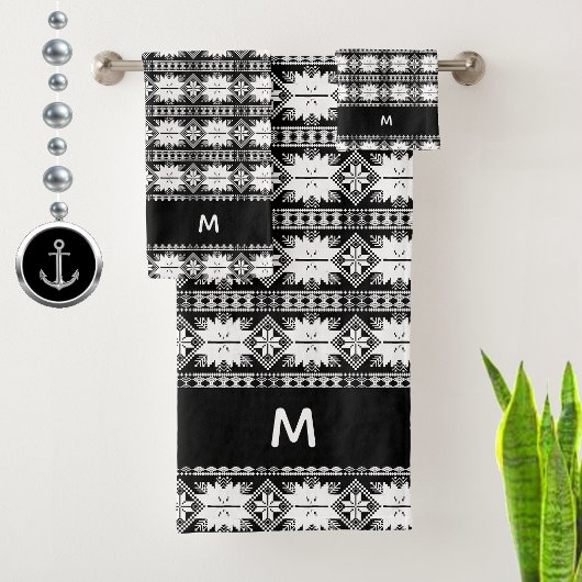 Abstract Bloempatroon op Zwarte Witte Monogram Bad Handdoek