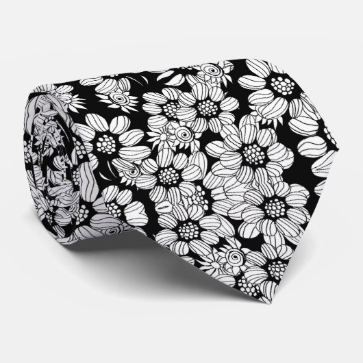 Abstract bloempatroon zwart-wit stropdas (Opgerold)
