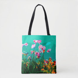 Abstract bloemschilderij blauwgroen roze sinaasapp tote bag