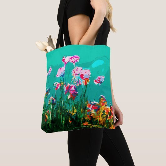 Abstract bloemschilderij blauwgroen roze sinaasapp tote bag (Dichtbij)