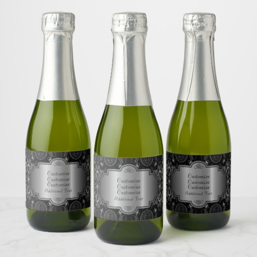 Abstract bloemzwart en zilver sparkling wijnetiket (Flessen)
