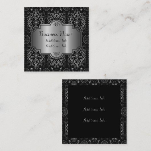 Abstract bloemzwart en zilver vierkante visitekaartje (Voorkant / Achterkant)