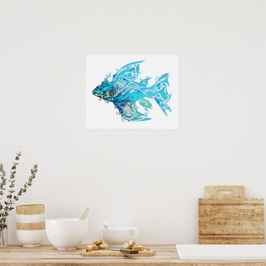 Abstract Blue Fish Tribal Tattoo Poster afdrukken (Keuken)