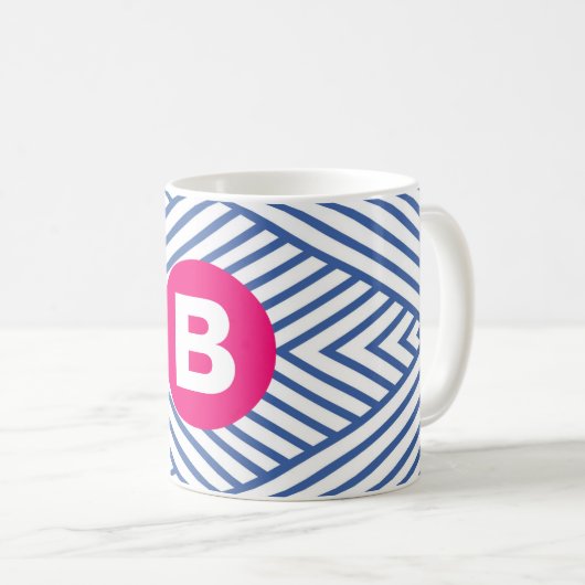 Abstract Blue Stripey Pattern Pink Monogram Koffiemok (Voorkant rechts)
