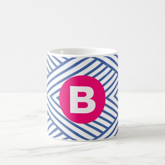 Abstract Blue Stripey Pattern Pink Monogram Koffiemok (Center)