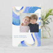 Abstract Blue Swirl Two Photo Happy Hanukkah Feestdagenkaart (Staand voorkant)