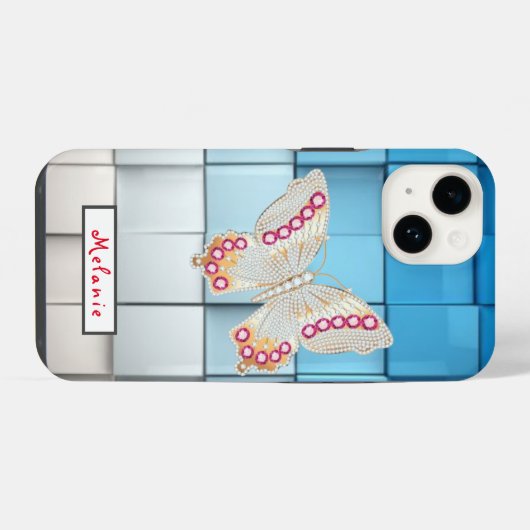 Abstract blue toned cubes Butterfly Monogram iPhone Hoesje (Achterkant horizontaal)