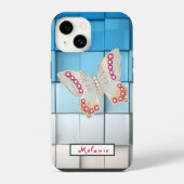 Abstract blue toned cubes Butterfly  Monogram  iPhone Hoesje (Achterkant)