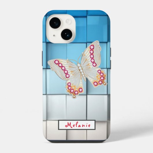 Abstract blue toned cubes Butterfly  Monogram  iPhone Hoesje (Achterkant)