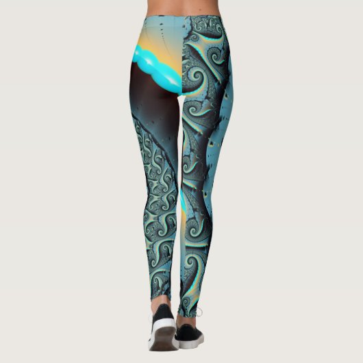 Abstract Blue Turquoise Orange Fractal Art Spiral Leggings (Achterkant)